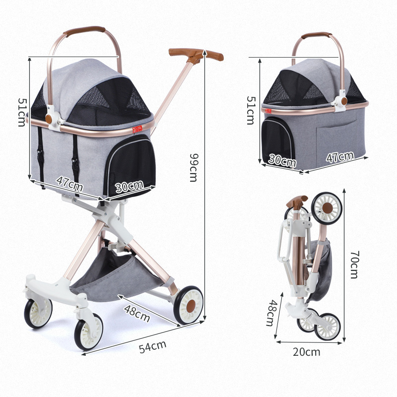 Luxury 3 in 1 Pet Strollers Folding 4 Wheels Cat Dog Travel Stroller with Detachable Carrier