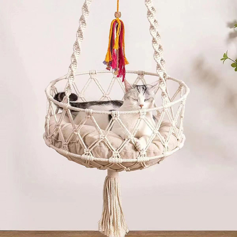 Handwoven Hanging Cat Beds Bohemian Macrame Cat Hammock Kitten Swing for Playing Sleeping