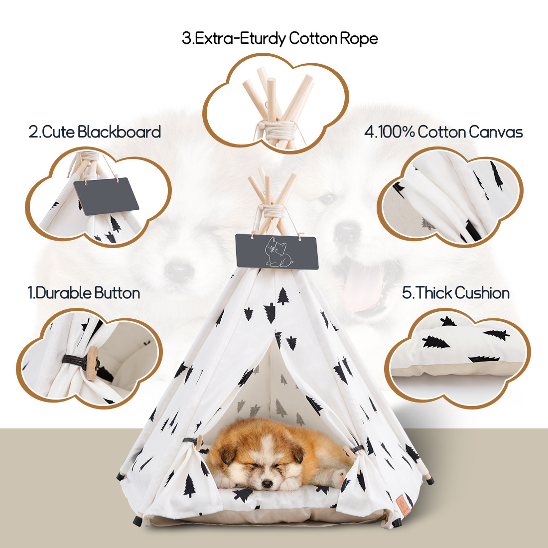 PiCi Paw Pet Teepee Tent for Dogs & Cats Small Dog Bed with Thick Cushion Removable and Washable Puppies Play House