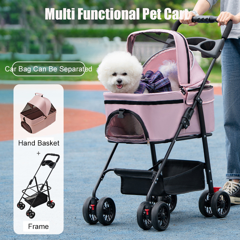 Lightweight Dog Travel Stroller 3-in-1 Folding 4 Wheels Pet Stroller for Medium Small Dogs with Detachable Carrier Cup Holder