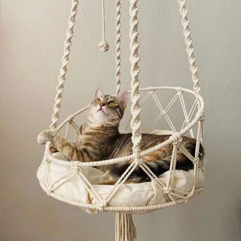 Handwoven Hanging Cat Beds Bohemian Macrame Cat Hammock Kitten Swing for Playing Sleeping