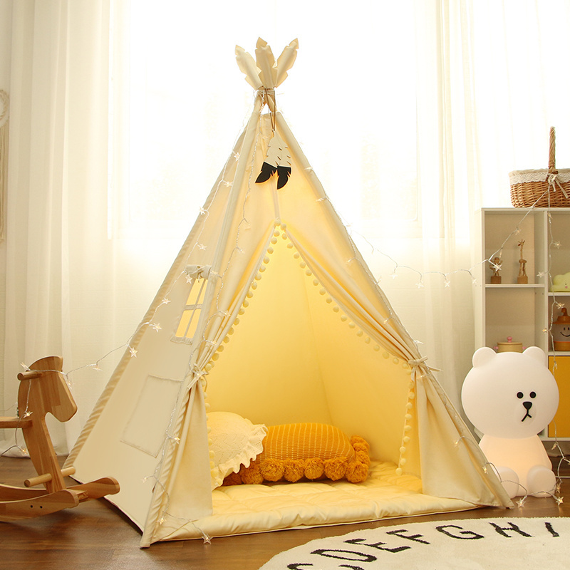 Maibeibi Baby Tipi Tent House Playhouse Indoor Foldable Children's Toy Tents Cotton Canvas Four Poles Kids Indian Teepee Tent