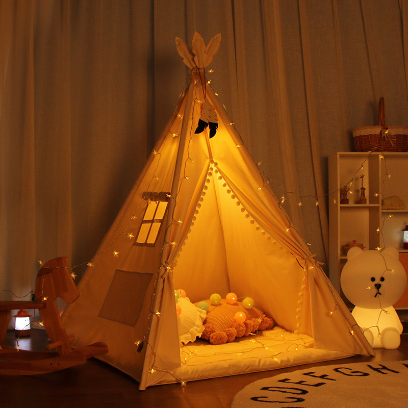 Maibeibi Baby Tipi Tent House Playhouse Indoor Foldable Children's Toy Tents Cotton Canvas Four Poles Kids Indian Teepee Tent