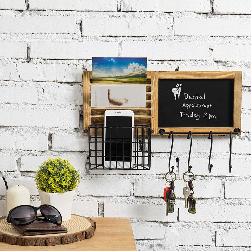 Rustic Burnt Wood Wall Mounted Entryway Storage Organizer with Metal Wire Basket, Chalkboard and 4 Removable Key Hooks