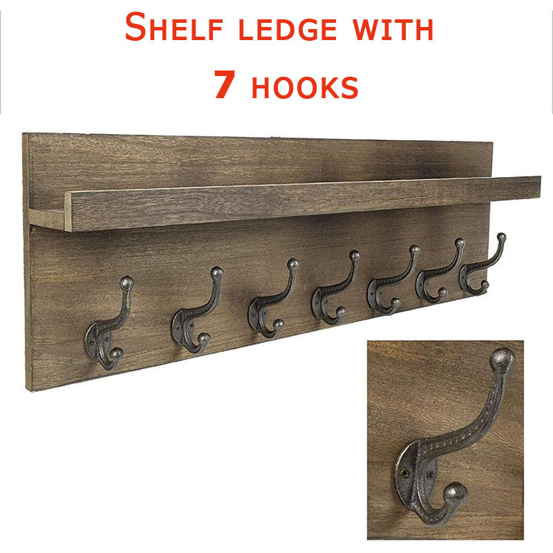 Rustic Entryway Shelf Wooden Coat Rack with 7 Antique Metal Hooks Shabby Chic home decor Wall Mounted Hat shelf ledge