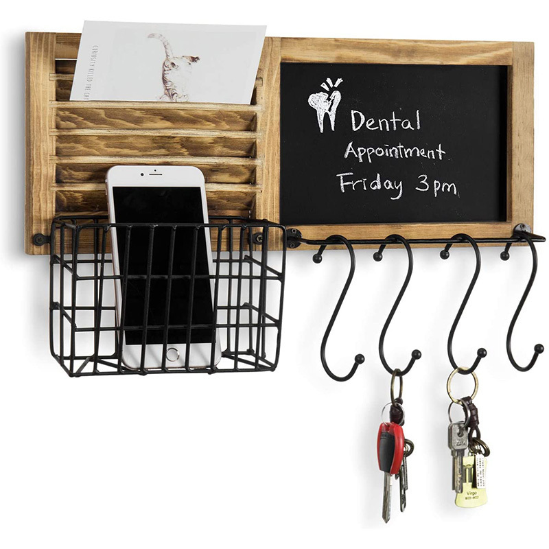 Rustic Burnt Wood Wall Mounted Entryway Storage Organizer with Metal Wire Basket, Chalkboard and 4 Removable Key Hooks