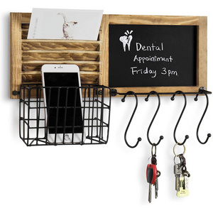 Rustic Burnt Wood Wall Mounted Entryway Storage Organizer with Metal Wire Basket, Chalkboard and 4 Removable Key Hooks