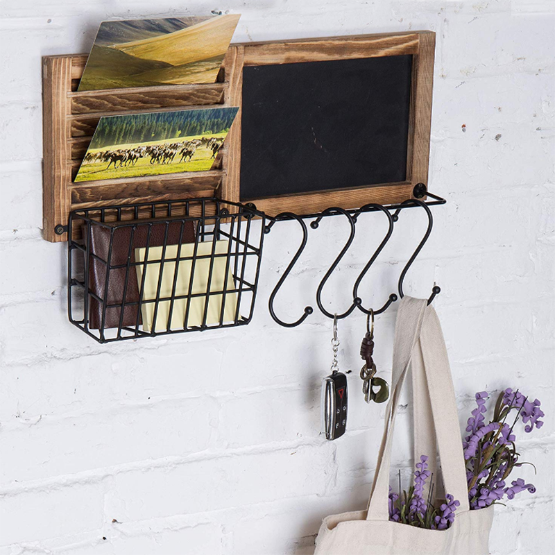 Rustic Burnt Wood Wall Mounted Entryway Storage Organizer with Metal Wire Basket, Chalkboard and 4 Removable Key Hooks