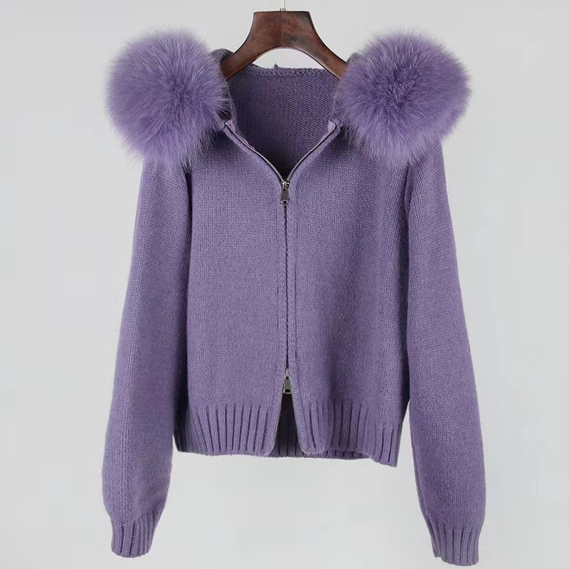 wholesale   Autumn  women sweater    knitted  Cardigan   with fox fur sweater .