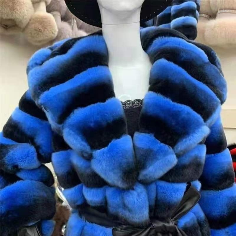 Russia  Style   Rex    Chinchilla  fur  coat  dyed  Color   Winter fur  coat    Women Warm   fur  coat