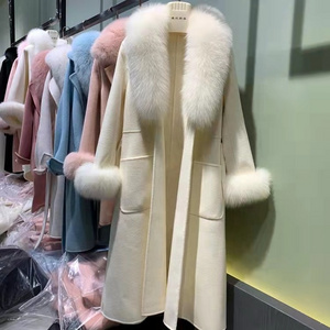 Cashmere  Winter  coat    Women Warm Fashion wool and  fox  fur trim  long coat