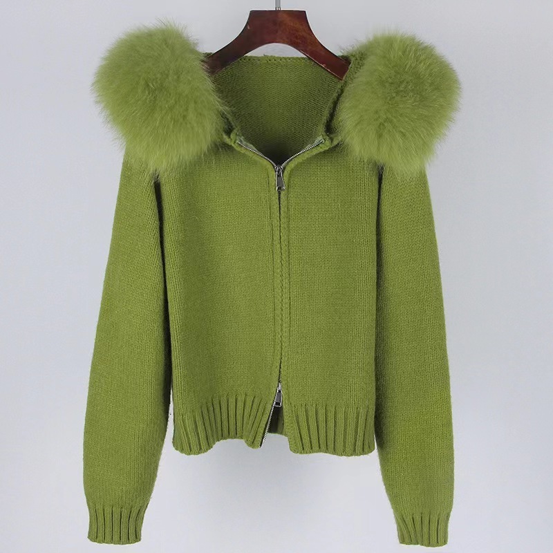 wholesale   Autumn  women sweater    knitted  Cardigan   with fox fur sweater .