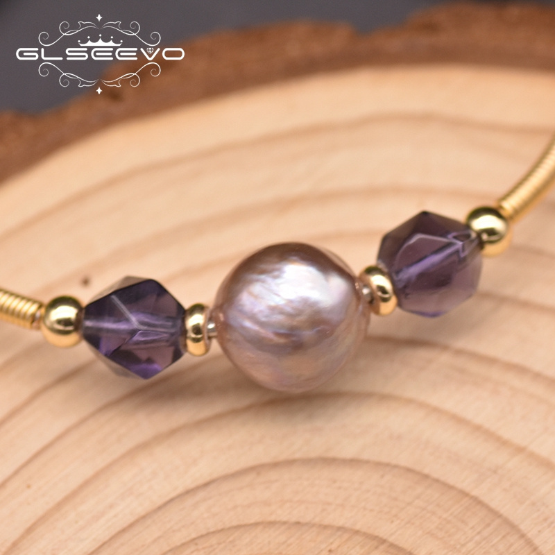 Natural Baroque Pearl Cloisonne Amethyst Bangle Woman Vintage Personalized Handmade Luxury Fine Jewelry