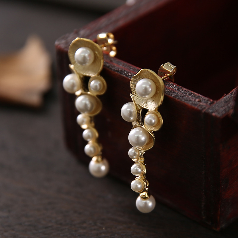 Natural freshwater white tassel pearl Drop Earrings plant dangle earring for women gold plated wedding fashion indian jewelry