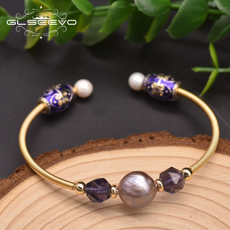 Natural Baroque Pearl Cloisonne Amethyst Bangle Woman Vintage Personalized Handmade Luxury Fine Jewelry