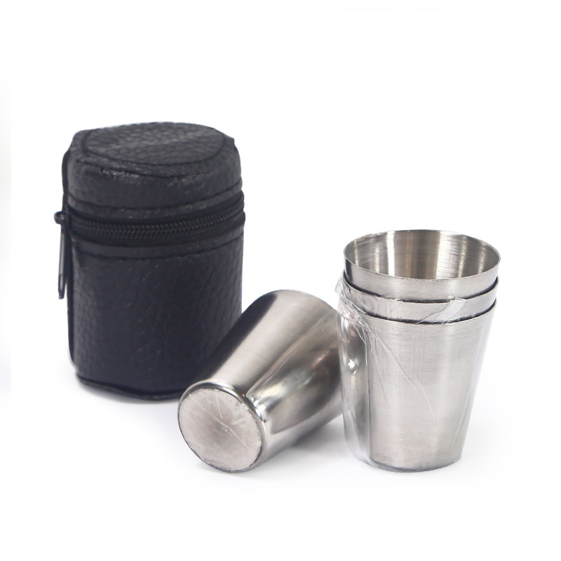 Custom logo Silver Portable Travel Drinking Cups Shot Glass with Black Leather cheap Stainless steel mini wine shot glass set