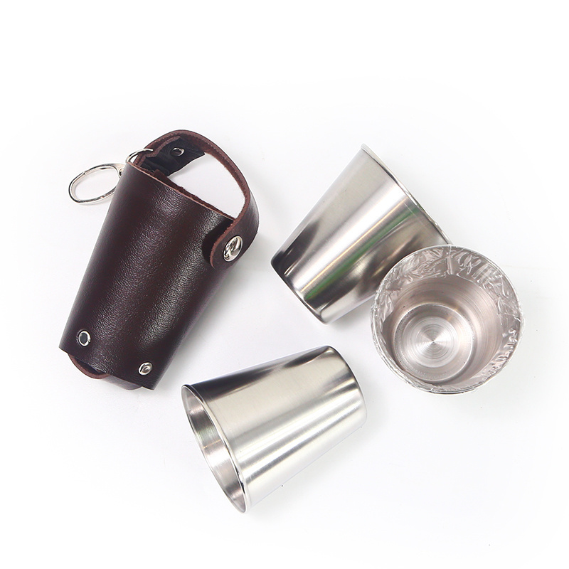 Custom logo Silver Portable Travel Drinking Cups Shot Glass with Black Leather cheap Stainless steel mini wine shot glass set