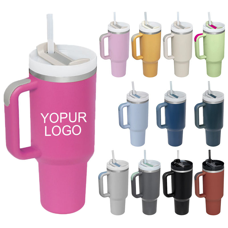 Wholesale 40 oz travel coffee double wall vacuum Custom logo stainless steel 30oz 40oz outdoor mug tumbler with handle and straw