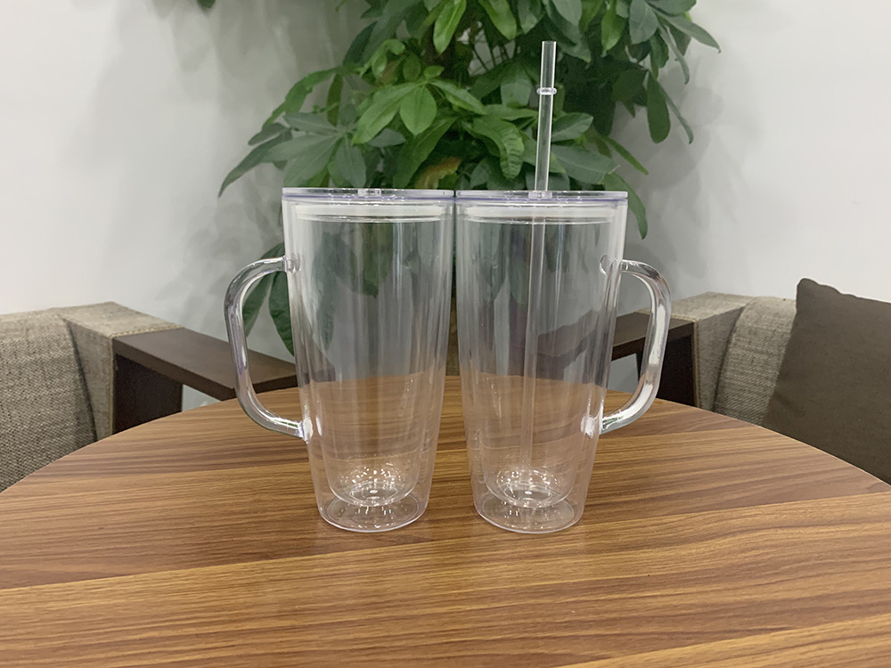 Plastic Reusable Insulated 750ml Drinking Double Wall Clear Glitter Tumbler Acrylic Mug with Handle Lid Straw