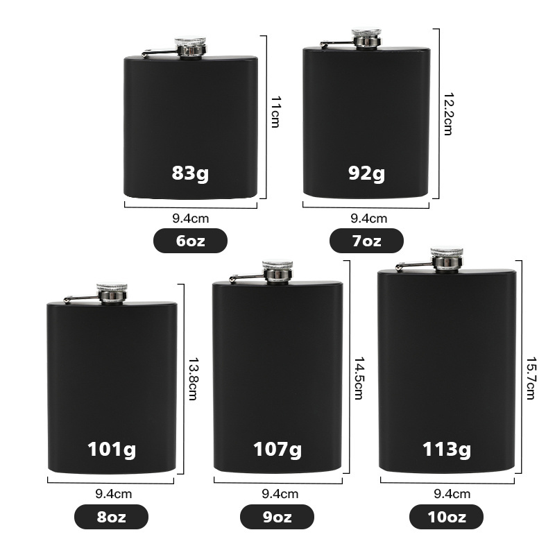 Wholesale custom logo 6oz Matte Black Hip Flask Stainless Steel Liquor Whiskey Alcohol Flask