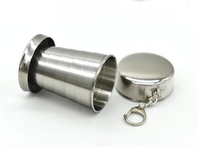 250ml foldable cups portable retractable stainless steel collapsible metal tumbler cups for outdoor/camping with a key chain