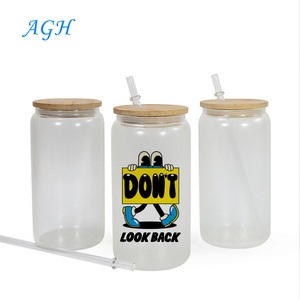 Hot sale Sublimation blank 16oz 12oz cola soda Shaped cups sublimation glow in the dark beer glass can with straw and bamboo lid