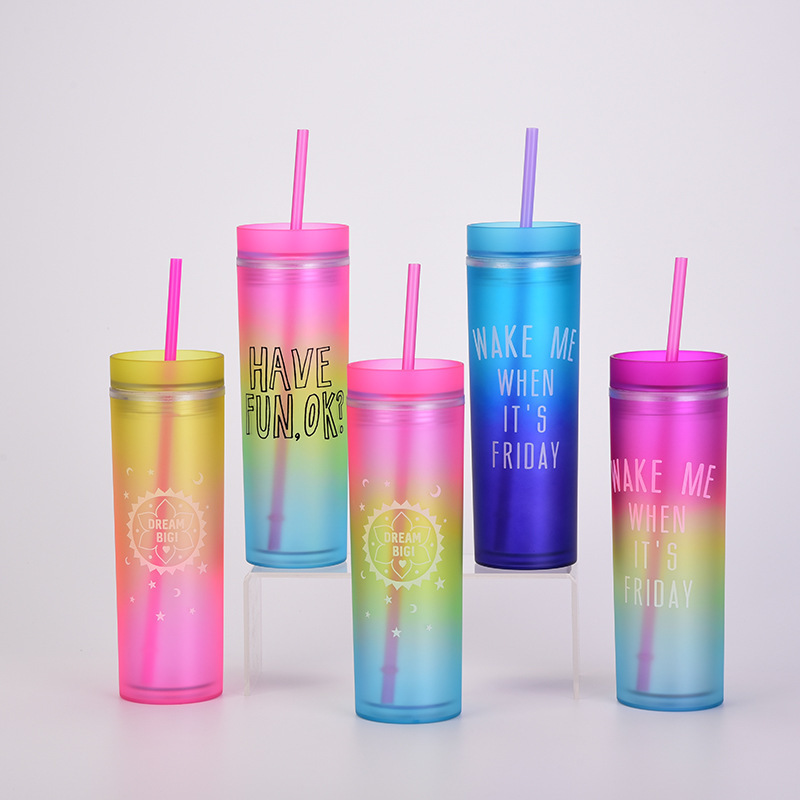 wholesale 16oz Double wall ombre matte shiny acrylic water New gradient rainbow cup Straight SKINNY plastic straw tumbler cup