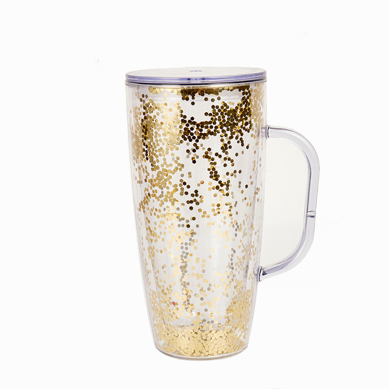 Plastic Reusable Insulated 750ml Drinking Double Wall Clear Glitter Tumbler Acrylic Mug with Handle Lid Straw