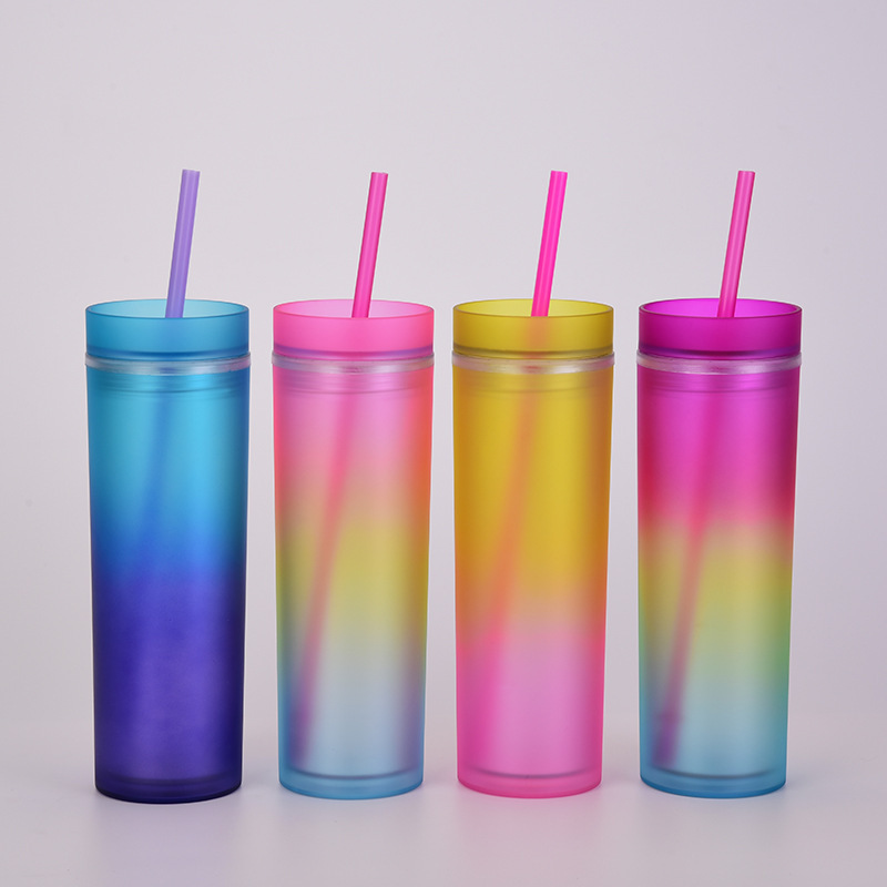 wholesale 16oz Double wall ombre matte shiny acrylic water New gradient rainbow cup Straight SKINNY plastic straw tumbler cup