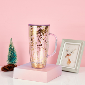 Plastic Reusable Insulated 750ml Drinking Double Wall Clear Glitter Tumbler Acrylic Mug with Handle Lid Straw