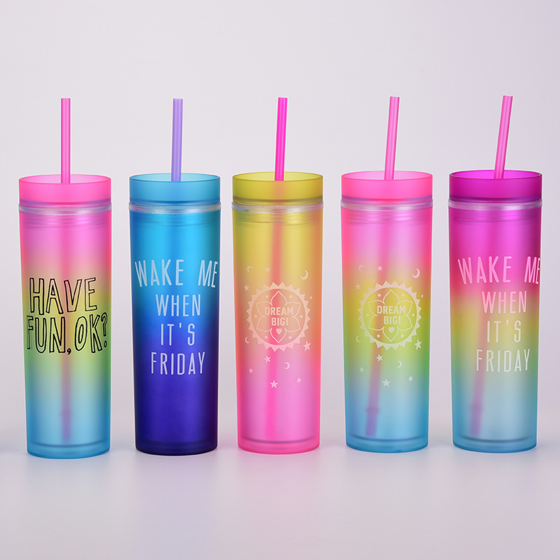 wholesale 16oz Double wall ombre matte shiny acrylic water New gradient rainbow cup Straight SKINNY plastic straw tumbler cup