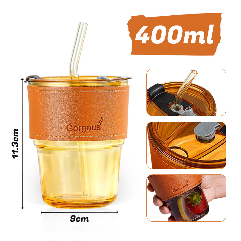 Factory wholesale 400ml iced coffee milk glass cup bamboo festival glass coffee cup with straw and lid