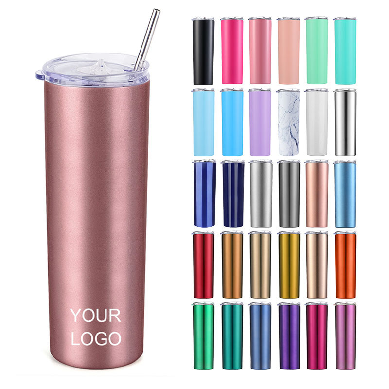 Promotion Gifts Travel Mug Double Wall Thermo Stainless Steel 20 oz Skinny Slim Cylinder Tumbler Cups with Sliding Lid and Straw