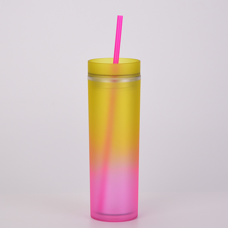 wholesale 16oz Double wall ombre matte shiny acrylic water New gradient rainbow cup Straight SKINNY plastic straw tumbler cup