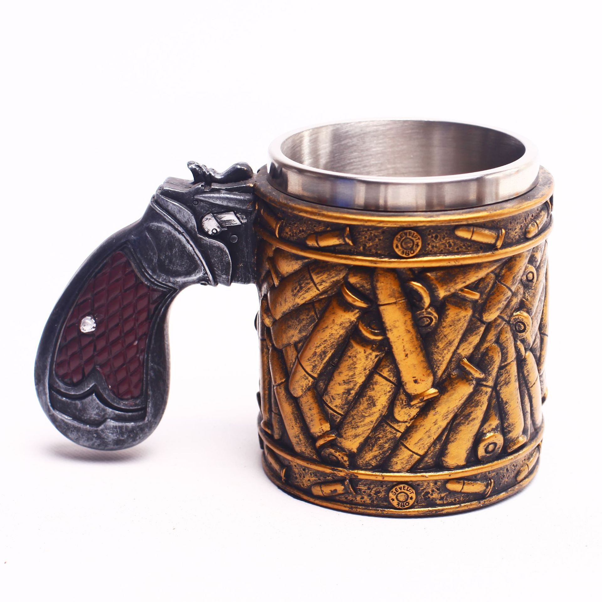 400ml Stainless Steel Resin Ammo Bullet Round Shells Revolver Gun Handle Pistol Beer Coffee Tankard Mug