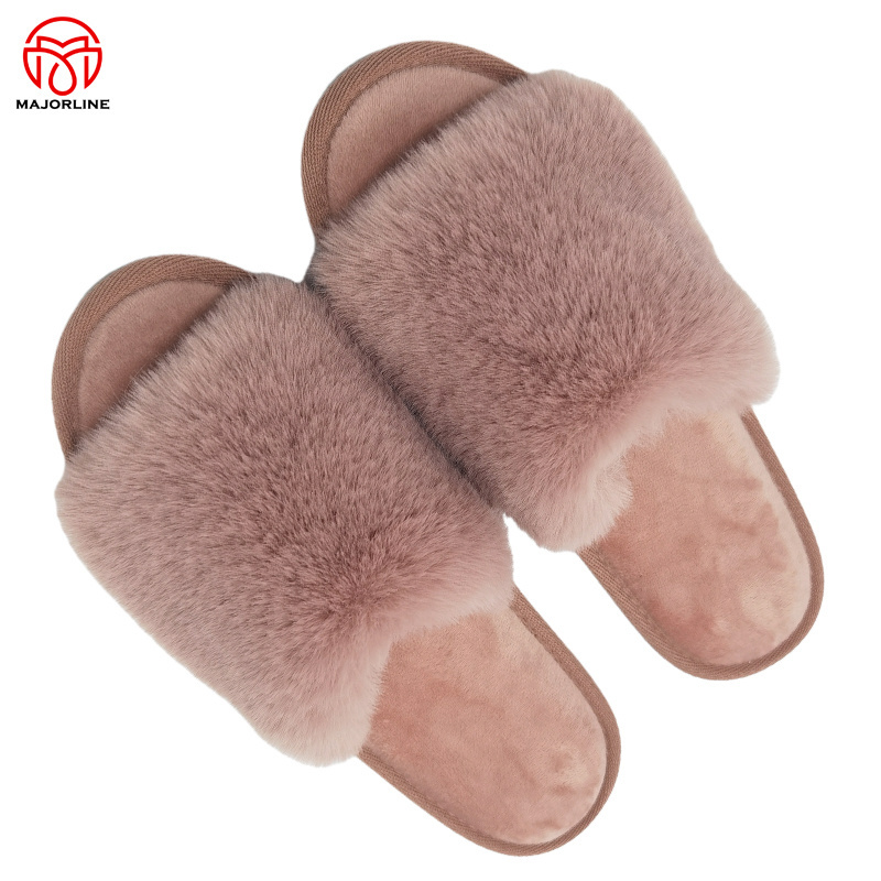 2023AW cozy slippers  faux fur Winter Plush Furry Cross Band Open Toe Indoor Outdoor Household Warm Faux Rabbit Fur Women Cozy Slippers