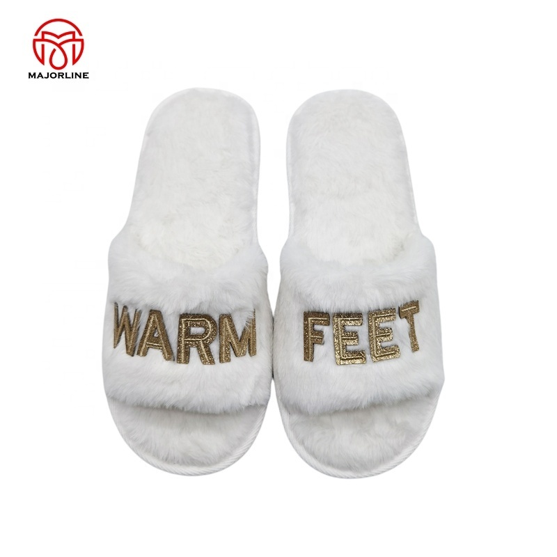 OEM one band  faux fur Winter Plush Furry  Open Toe Indoor Household Warm Faux Rabbit Fur Women Cozy Slippers