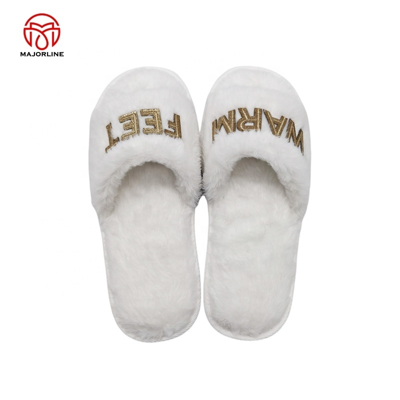 OEM one band  faux fur Winter Plush Furry  Open Toe Indoor Household Warm Faux Rabbit Fur Women Cozy Slippers