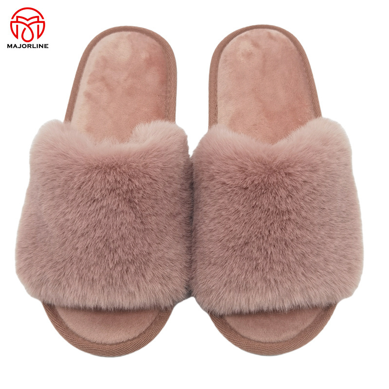 2023AW cozy slippers  faux fur Winter Plush Furry Cross Band Open Toe Indoor Outdoor Household Warm Faux Rabbit Fur Women Cozy Slippers