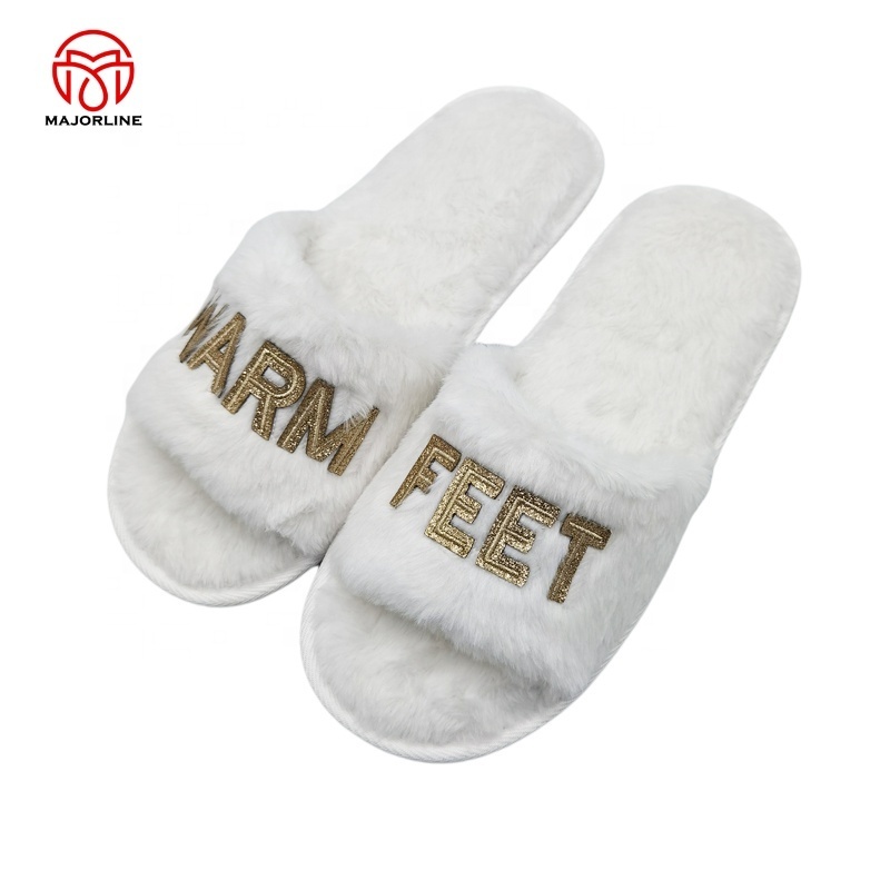 OEM one band  faux fur Winter Plush Furry  Open Toe Indoor Household Warm Faux Rabbit Fur Women Cozy Slippers