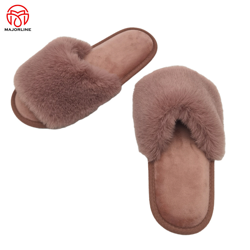 2023AW cozy slippers  faux fur Winter Plush Furry Cross Band Open Toe Indoor Outdoor Household Warm Faux Rabbit Fur Women Cozy Slippers