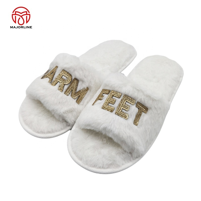 OEM one band  faux fur Winter Plush Furry  Open Toe Indoor Household Warm Faux Rabbit Fur Women Cozy Slippers