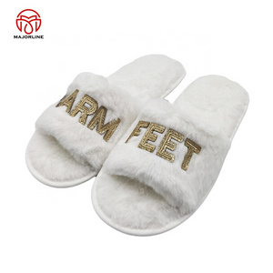 OEM one band  faux fur Winter Plush Furry  Open Toe Indoor Household Warm Faux Rabbit Fur Women Cozy Slippers