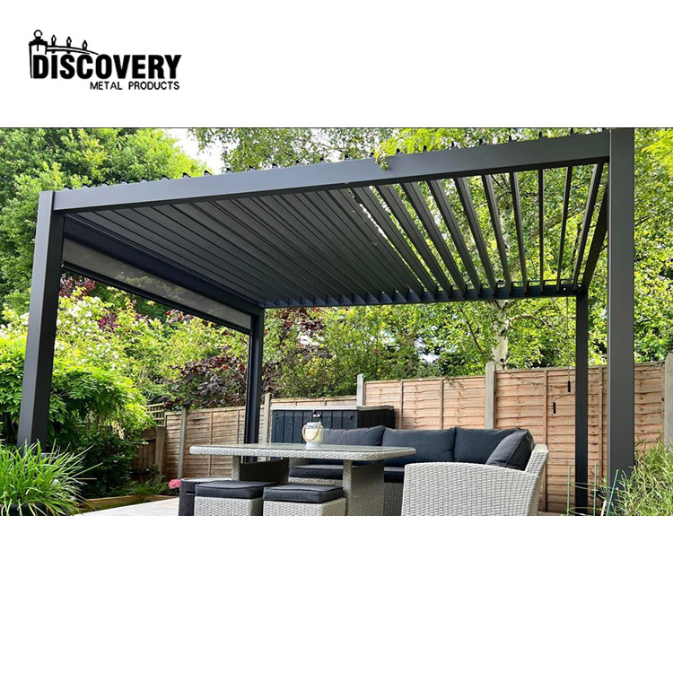 Discovery Metal Garden gazebo metal green houses manual motorized louver pergolas with electric louvred roof