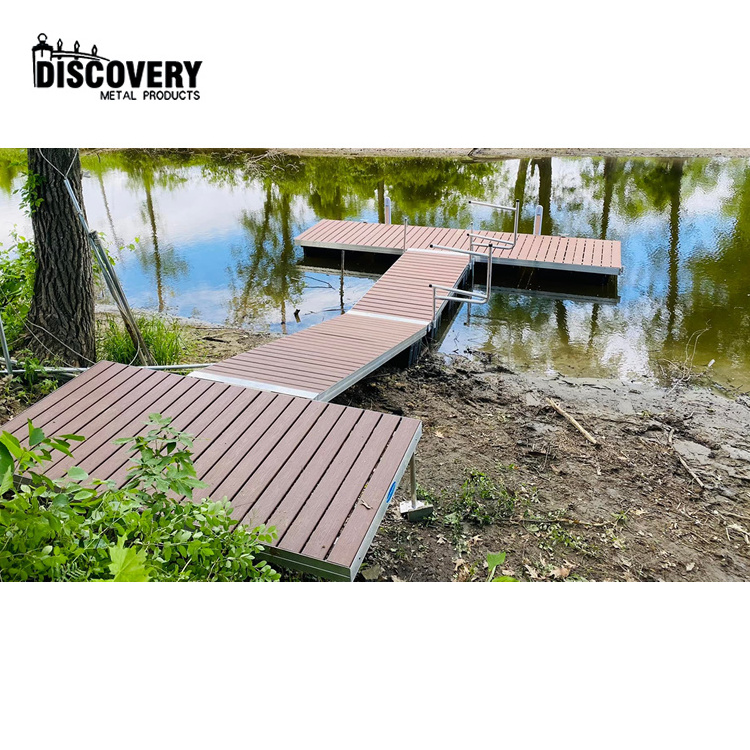 Shandong professional factory boat on water dock wooden grain color aluminium frame floating dock for lake