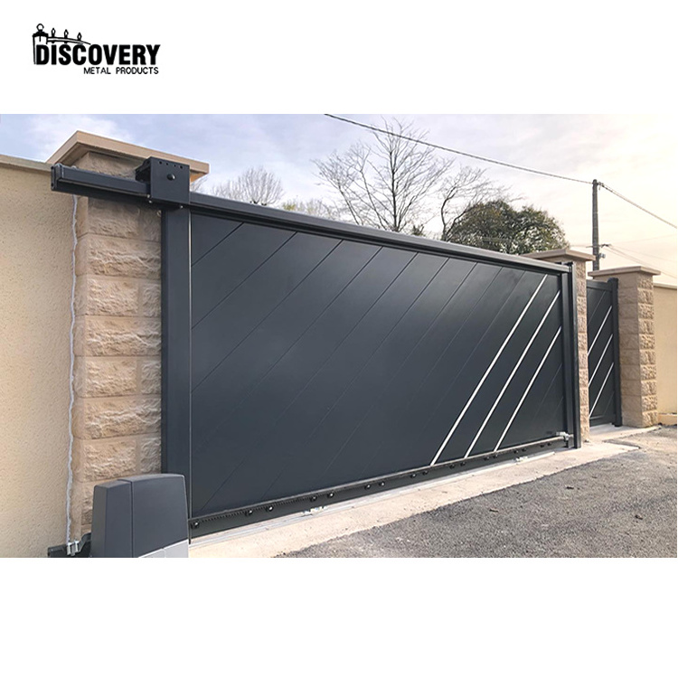 Customized aluminum main gate pillar design automatic electric sliding gate with metal plate gate designs