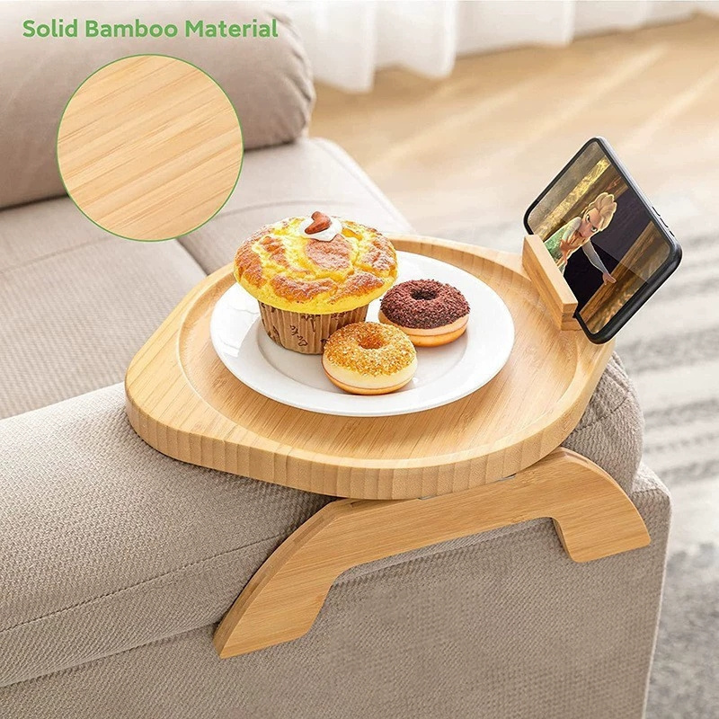 Couch Cup Holder Tray Sofa Clip Armrest Snack Table Bamboo Sofa Arm Tray with Rotating Mobile Holder