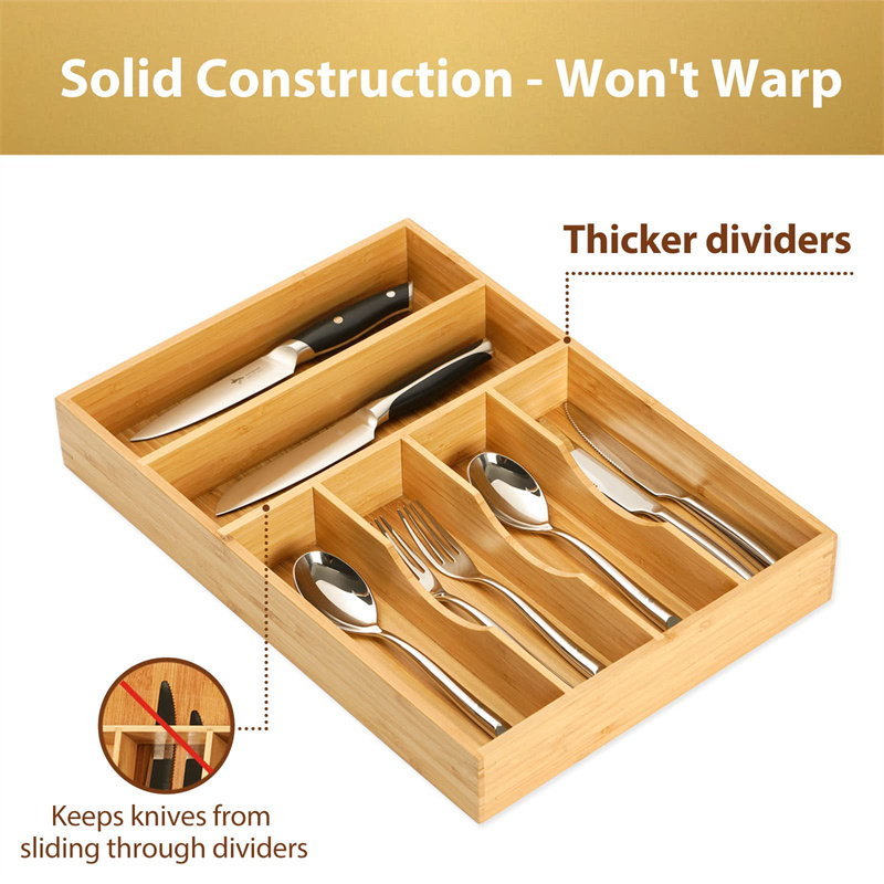 Natural Bamboo Extra Deep Kitchen Silverware Drawer Utensil Organizer for Flatware Cutlery Knives