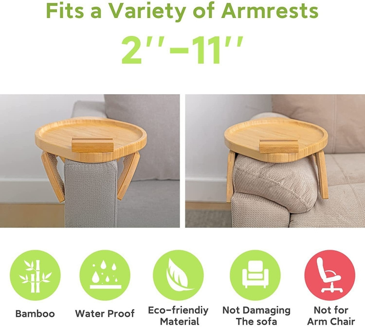 Couch Cup Holder Tray Sofa Clip Armrest Snack Table Bamboo Sofa Arm Tray with Rotating Mobile Holder