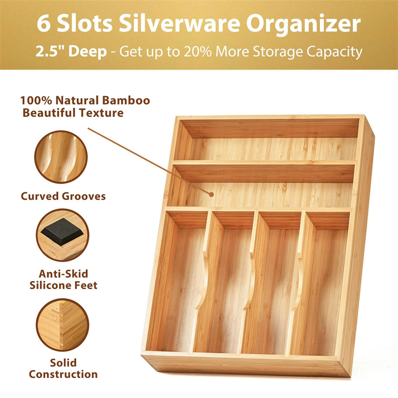 Natural Bamboo Extra Deep Kitchen Silverware Drawer Utensil Organizer for Flatware Cutlery Knives